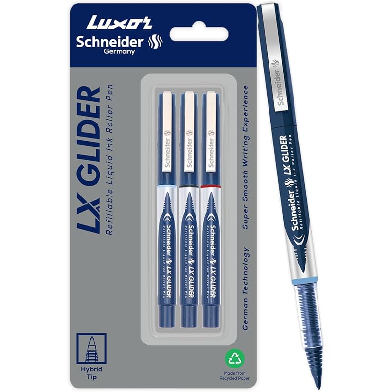 Luxor Schneider, LX Glider Pens, Pack of 3, Ink- (Blue, Black, Red) +1 Refill, Hybrid Tip, Refillable, Liquid Ink Roller