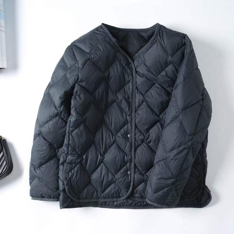 Premium light down jacket women's short light and thin liner autumn and winter round neck casual jacket rhombus jacket tide