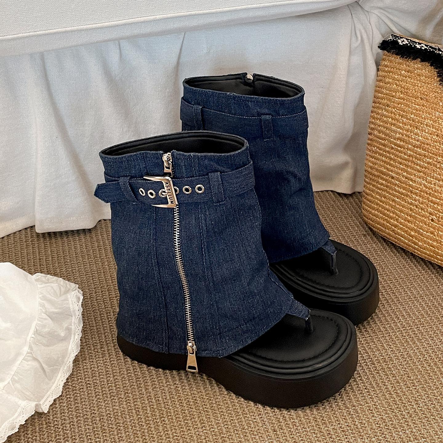 

Черные женские сандалии на танкетке и платформе высокого класса, новые летние 2025 года, для ношения с юбкой, повседневные крутые ботинки 40 синий