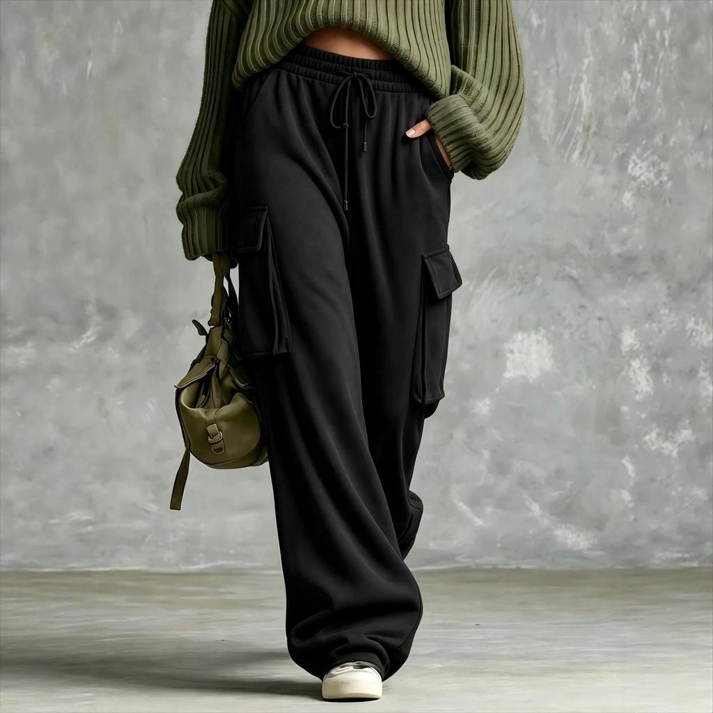 Relaxed Vintage Olive Green Drawstring Wide Leg Cargo Sweatpants