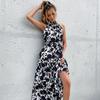 Summer French Floral A-Line Skirt Suspender Lace-Up Long Sleeveless Halterneck Dress For Women