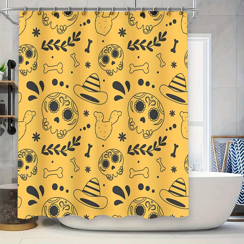 

Unique Skulls Hats Waterproof Shower Curtain Halloween Decor With Witch Hat Pattern Printed Fabric Bath Rug Mat Orange Yellow Bl W60H190(CM)-1 Pcs