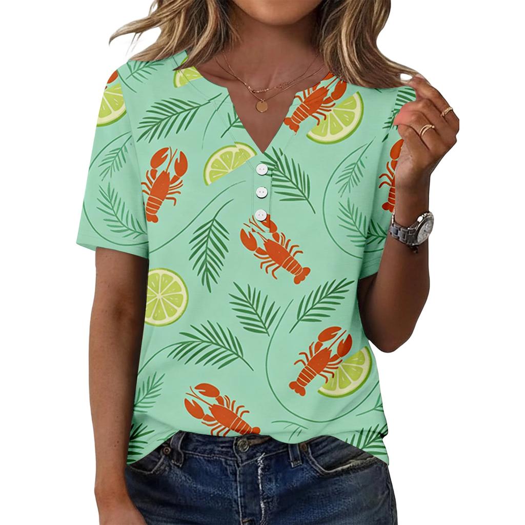 Women Casual V Neck Short Sleeve Button Front T Shirt Lobster Print Lightweight Summer Top