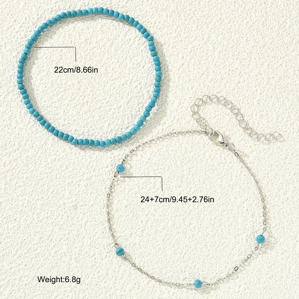 2 PCS Summer Beach Turquoise Rice Beads Anklet for Women Vintage Bohemian Silver Color Foot Chain Fashion Female Seaside Jewelry