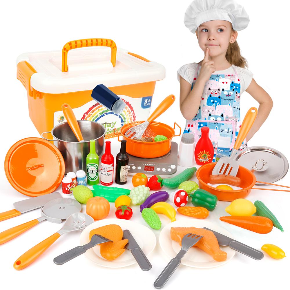 57pcs Kids Cooking Set Kitchen Toys for Kids Cooking Playset with Storage Case Pot & Pans Set Apron