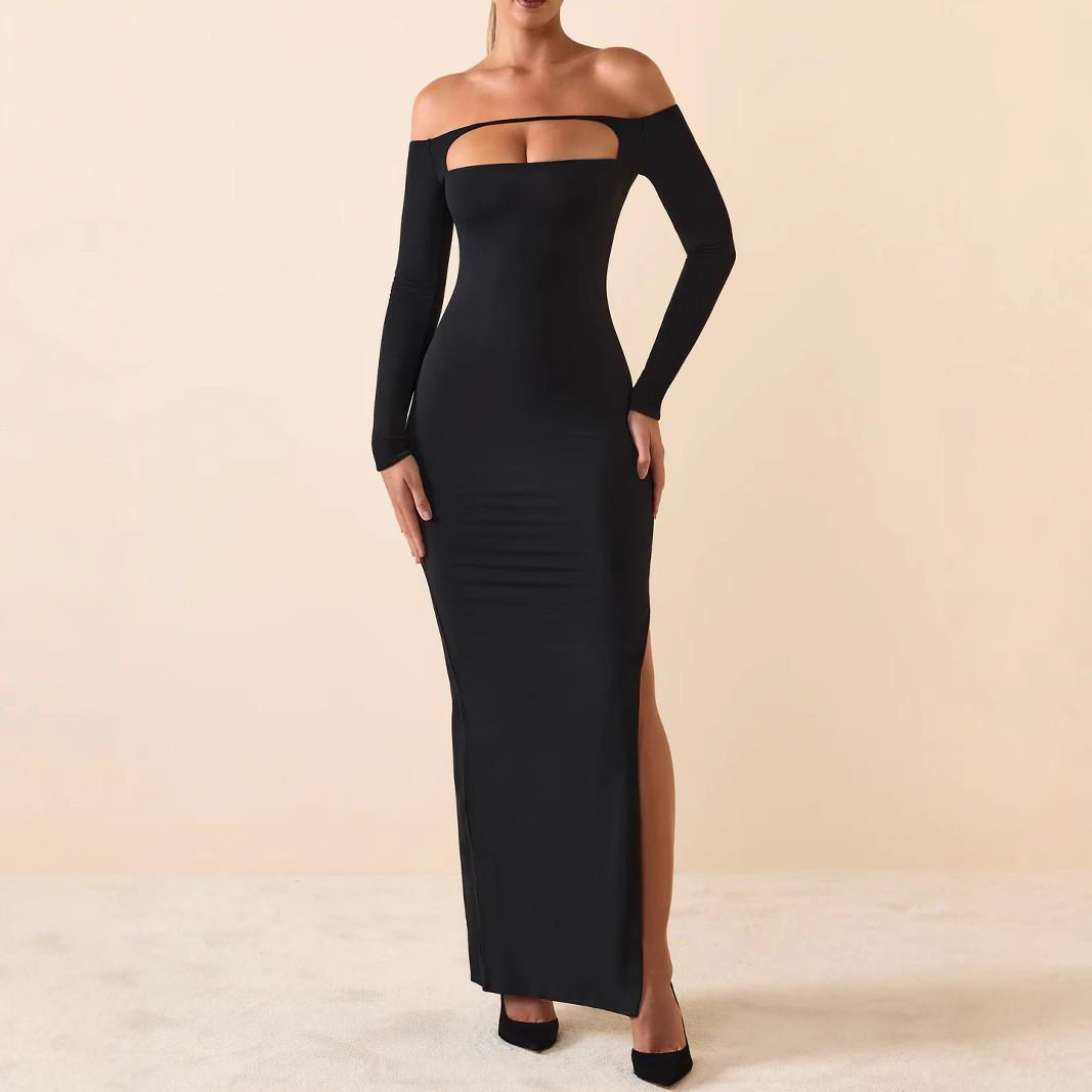 

Off-Shoulder Cutout Long Sleeve Bodycon Dress with Side Slit XS