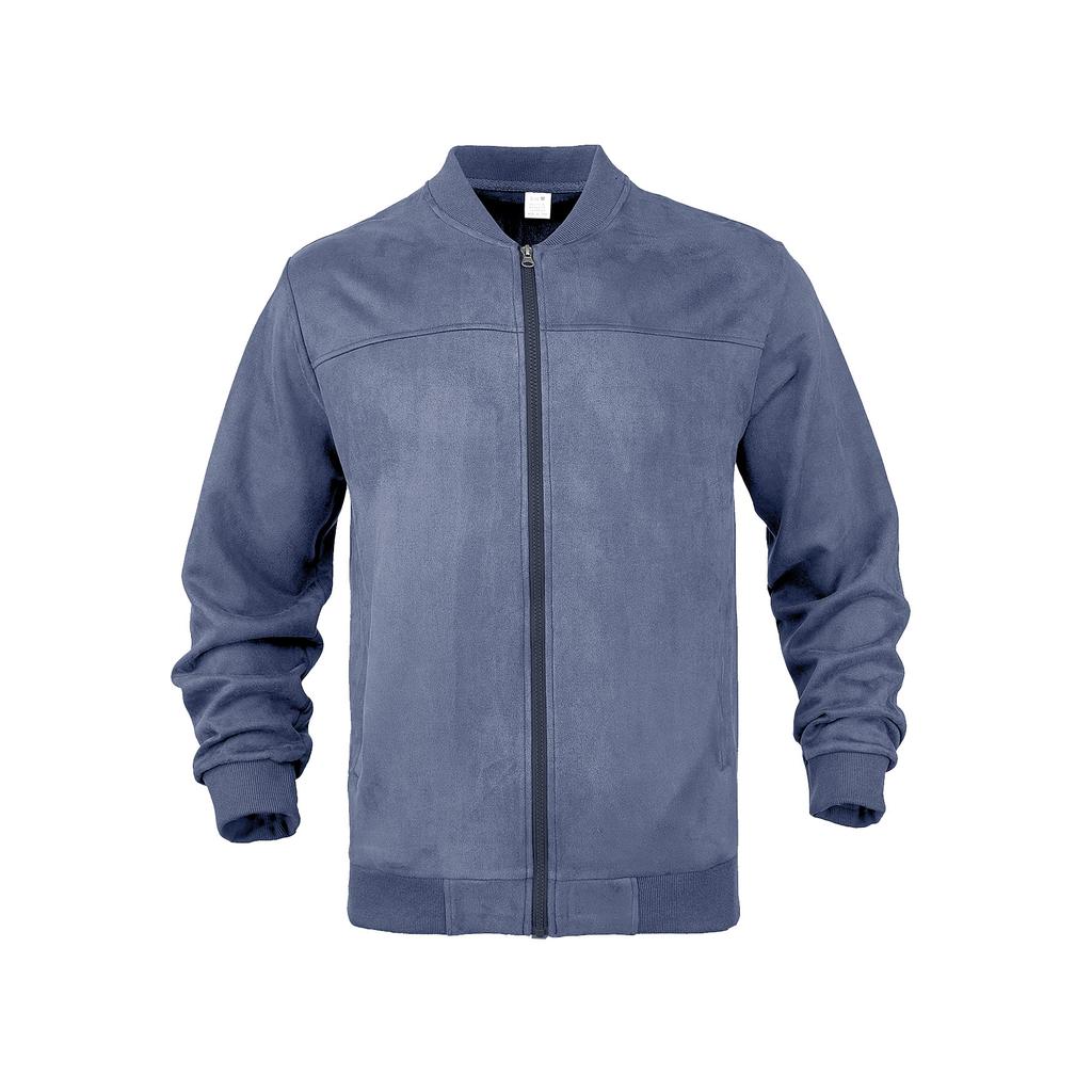 Men Faux Suede Bomber Jacket Stand Collar Full Zip Up Long Sleeve Solid Color Casual Outerwear Fall Daily Streetwear Coat