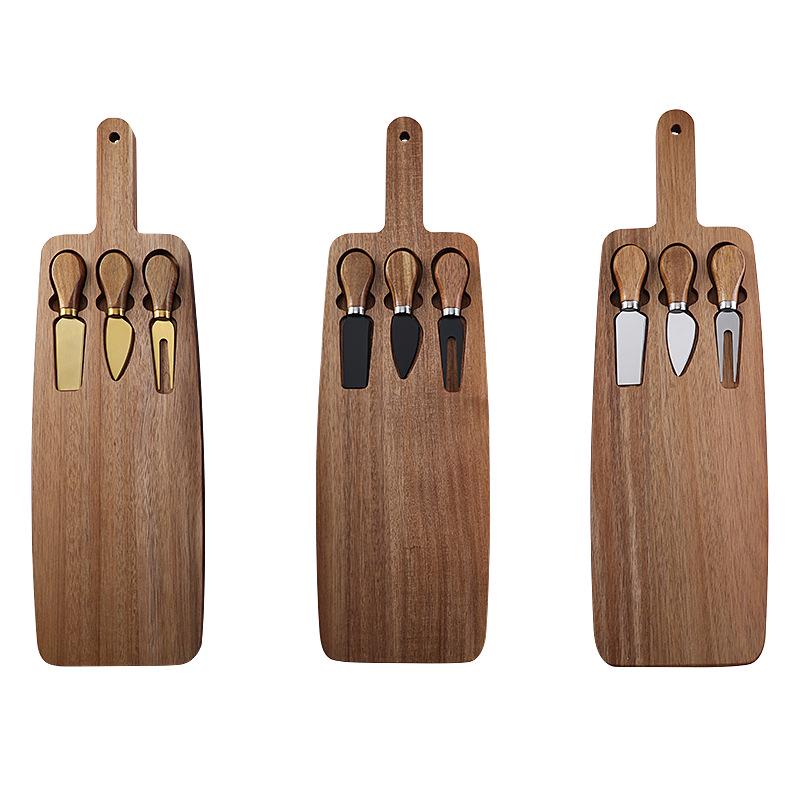 Acacia Wood Cheese Board Set with Stainless Steel Knives and Forks - Ideal for Snacks and Cutlery.