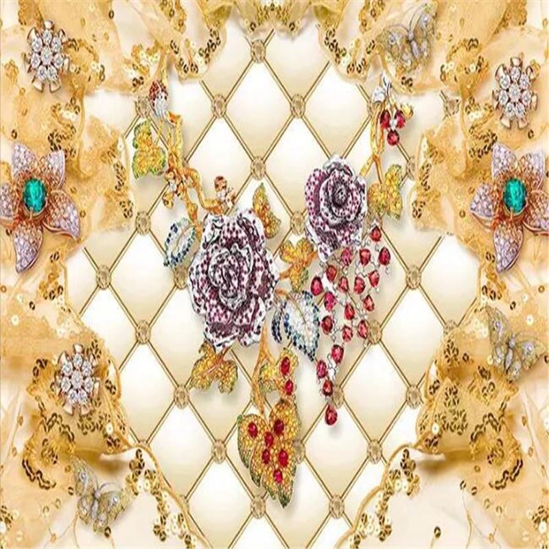 Wallpaper Fashion 3d Mural Soft Package Luxury Wall Mural Gold Diamond Flower Jewelry Wallpaper