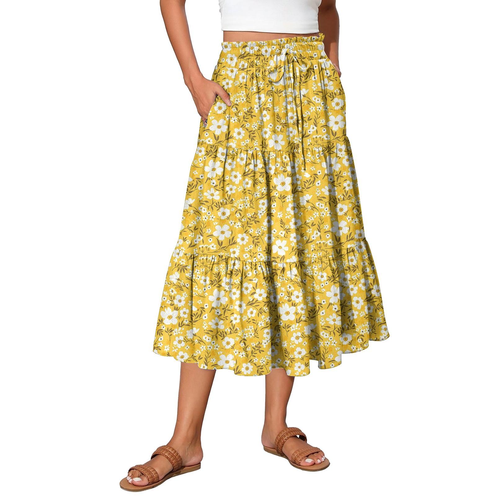 

Womens Maxi Skirt Drawstring High Waisted Summer Long Skirts Lightweight Tiered Flowy Floral Pleated Skirts XL