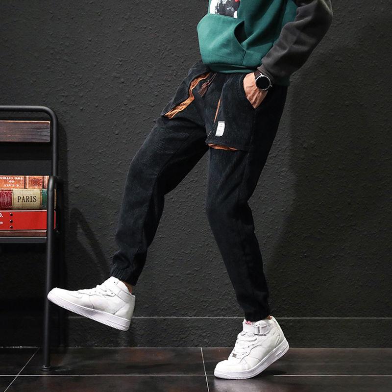 Winter Men Thick Warm Corduroy Sweatpants Men Cargo  Pants Color Matching Fleece Liner Elastic Waist Big Pocket Trousers Loose Sports Harem Pants