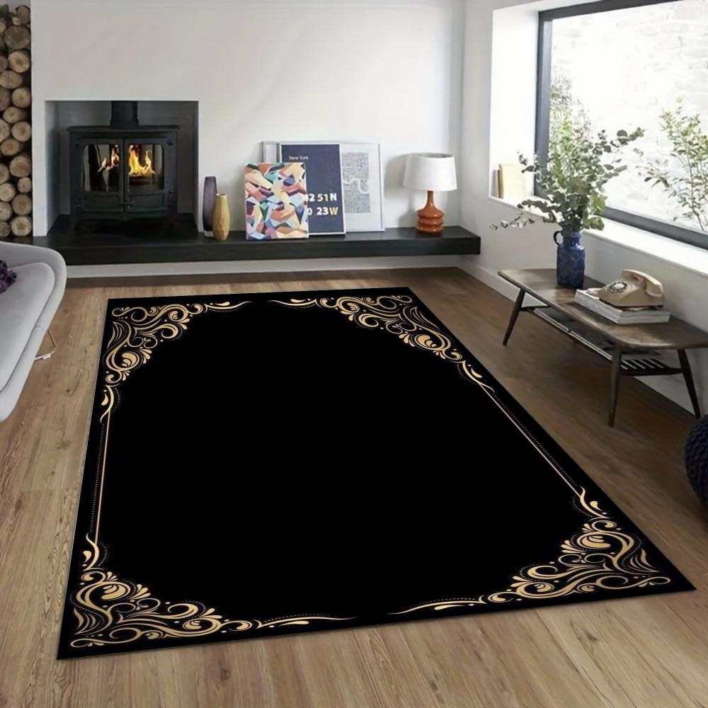 3D Retro Living Room Carpet Luxurious Black Background with Gold Edges Carpets Machine-washable Floor Mat Study and Bedroom Rug