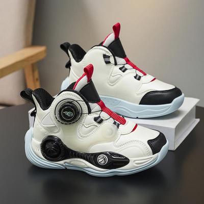 Kids' Leather Rotating Buckle Basketball Shoes – Non-slip Thick Sole, Cool Outdoor Sports Sneakers