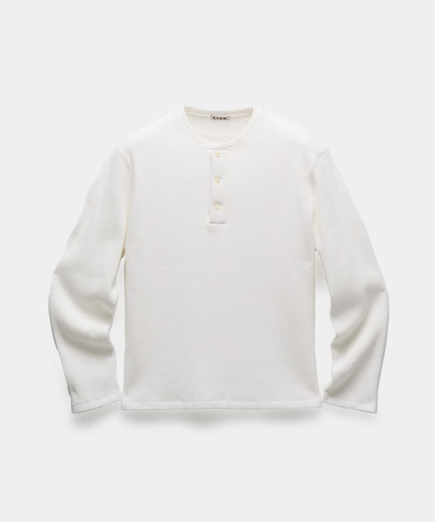 Kueo Waffle Henley Neck Long Sleeve T-Shirt (White)