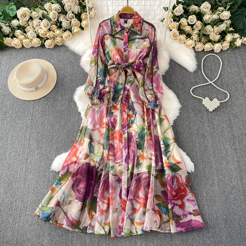 Diamond Embedded Gemstone Collared Long Dr Women's Slimming Beautiful Holiday Print Full Dresses  A-Line Woman Dress