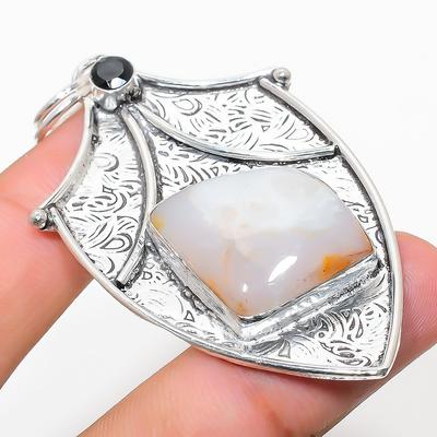 Natural Dendrite Opal, Spinel Gemstone 925 Sterling Silver Pendant 2.76" L0G38
