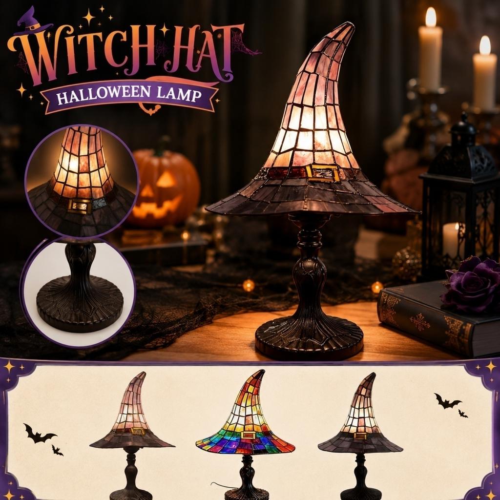 18cm Halloween Witch Hat Table Lamp USB Powered Stained Glass Style Decorative Light Fixture for Indoor Use
