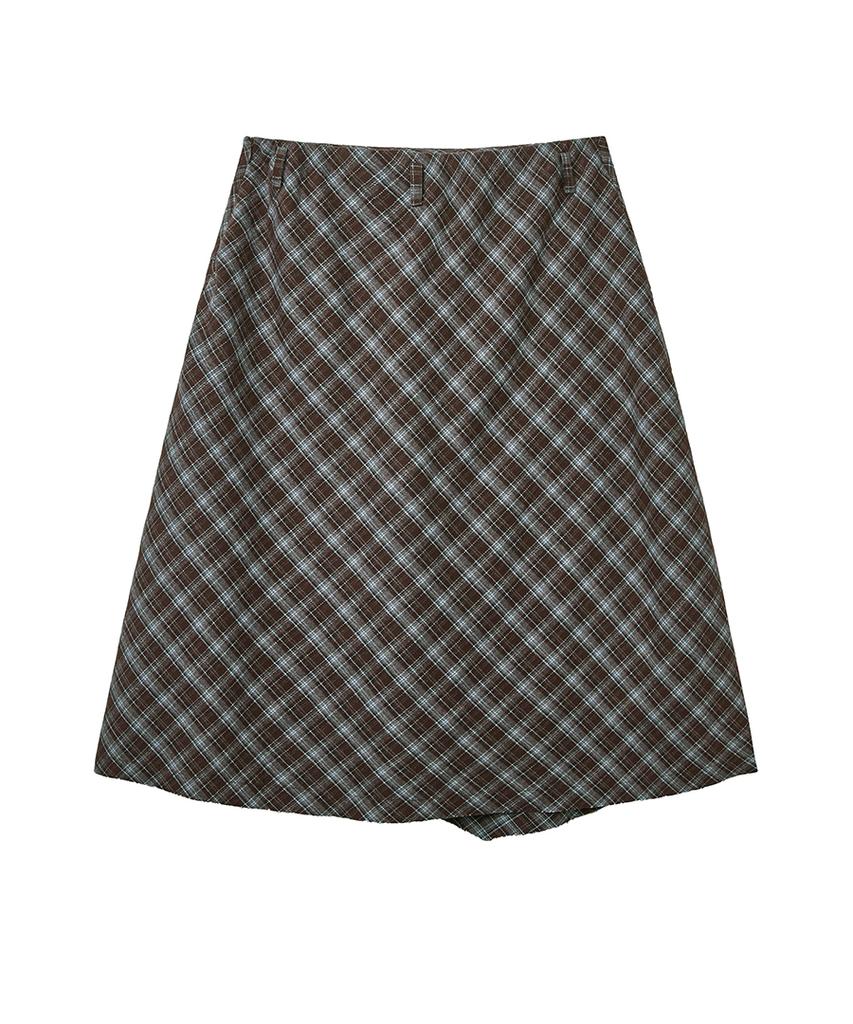 Lense Raw Edge Check Midi Skirt Brown