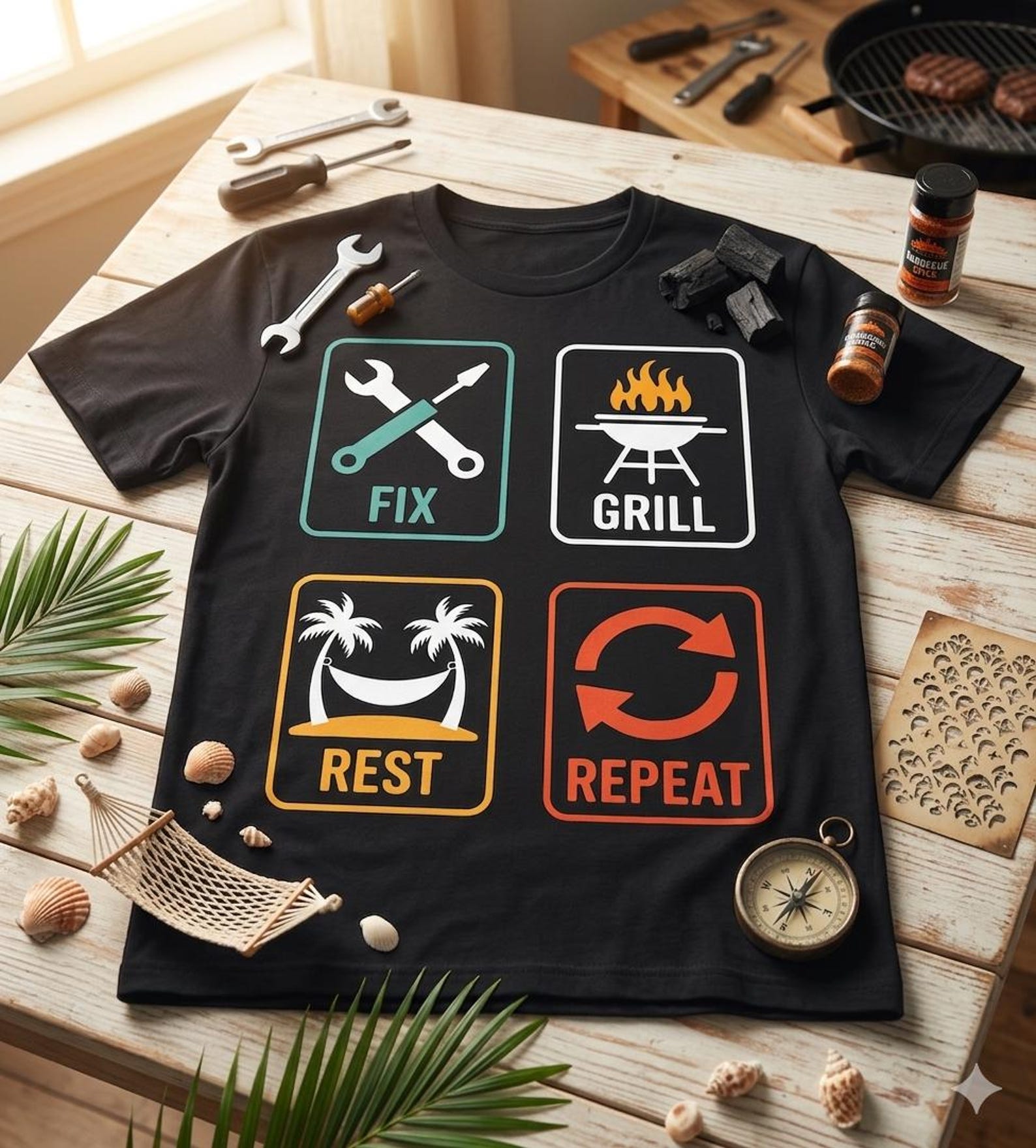 Fix Grill Rest Repeat Shirt, Funny BBQ Dad Mechanic Humor Tee S