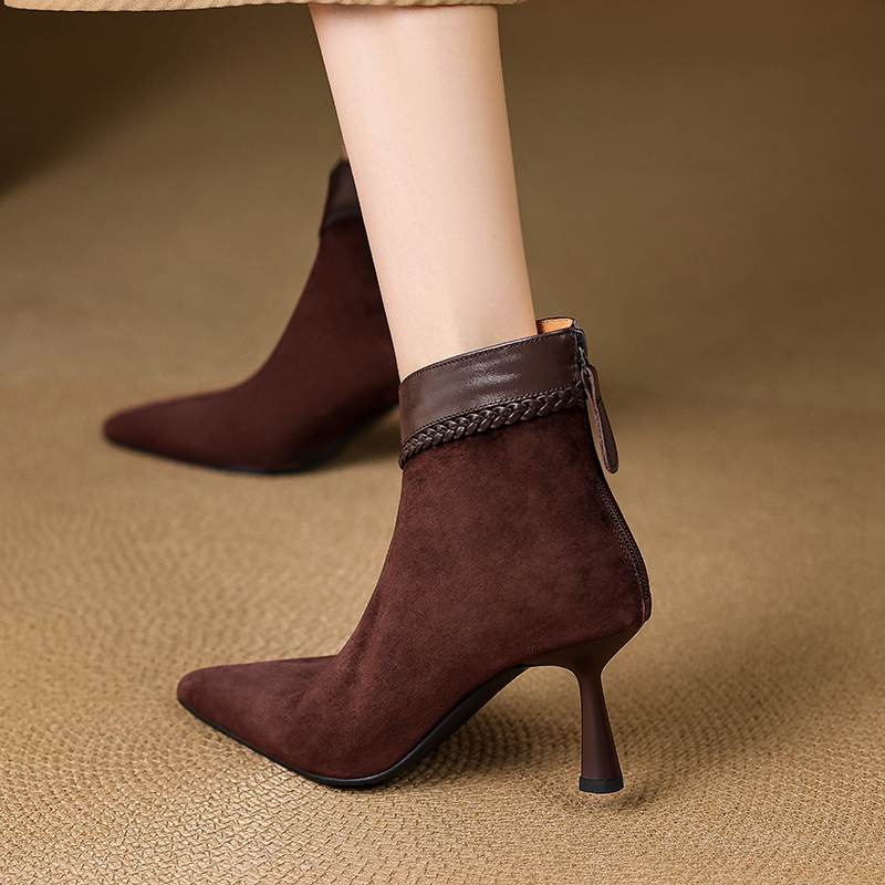 Krazing Pot Sheep Suede Autumn Winter Shoes Stiletto Thin High Heels Big Size 40 Modern Boots Pointed Toe Keep Warm Zip Ankle Boots