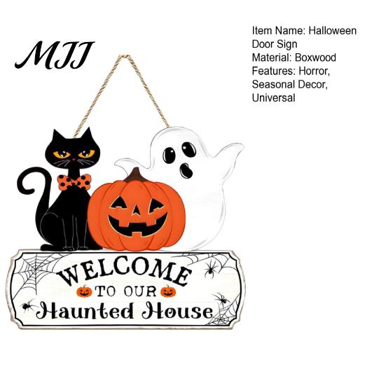 Seasonal Welcome Plaque Halloween Wood Door Sign, Pumpkin Ghost Black Cat Hanging Decor for Solid Craft Gift Front Door, Rustic Farmhouse Wall