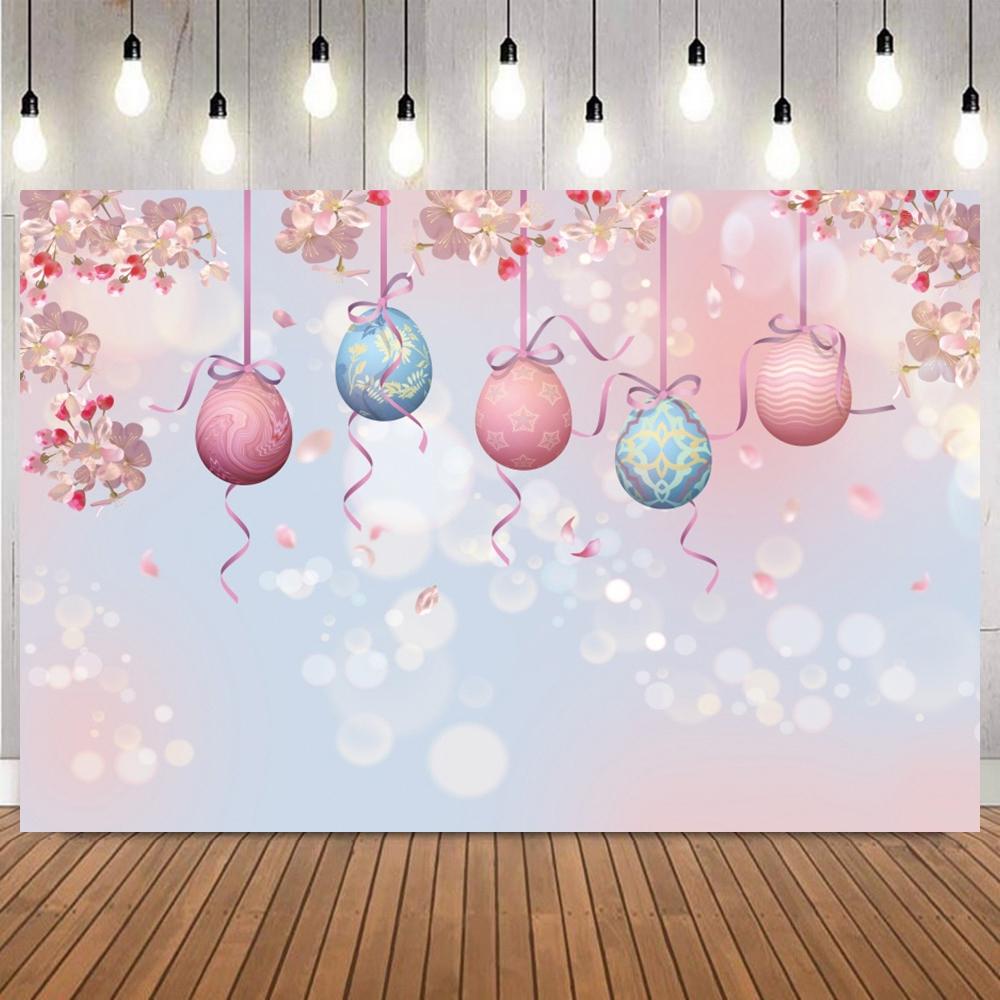 Easter Pink Photography Background Colorful Painted Eggs Floral Wooden Kids Party Portrait Decoration Photo Backdrop Studio Prop6