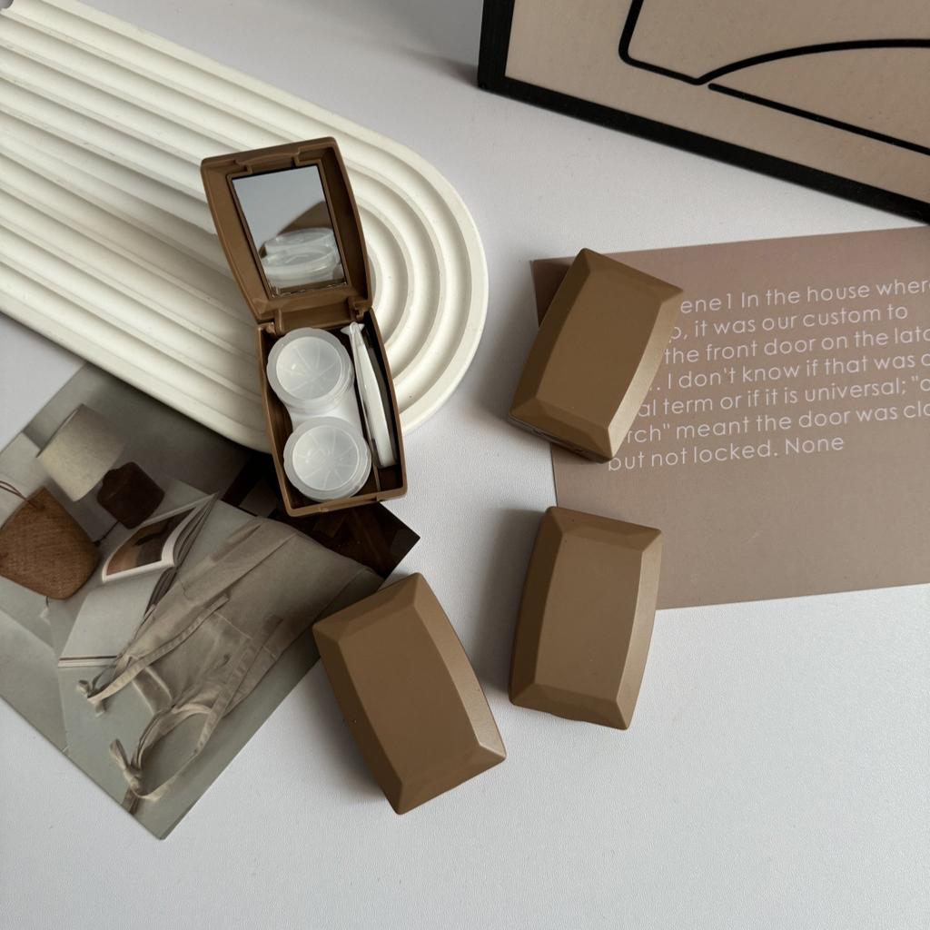 Simple Colorful Lens Box Eye Container Lovely Travel Kits Matte Black Brown Contact Lens Case with Mirror for Women