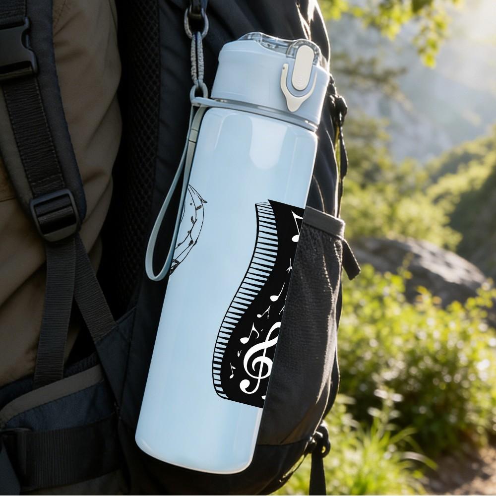 1PC Musical Note Piano Pattern 750ml Color Plastic Sports Water Bottle Leakproof Flip Straw Lid Suitable for Sports Office Home Use