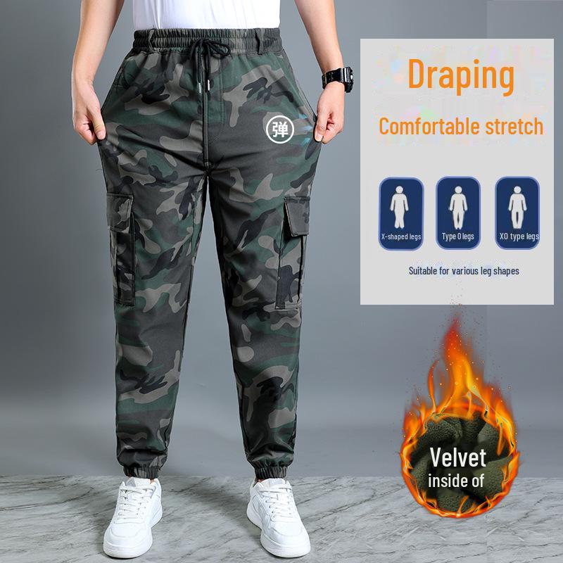 Męskie Grube Odporne na Ścieranie Spodnie Robocze w Kamuflażu - Casualowe i Luźne, z Dodatkiem Weluru na Zimę