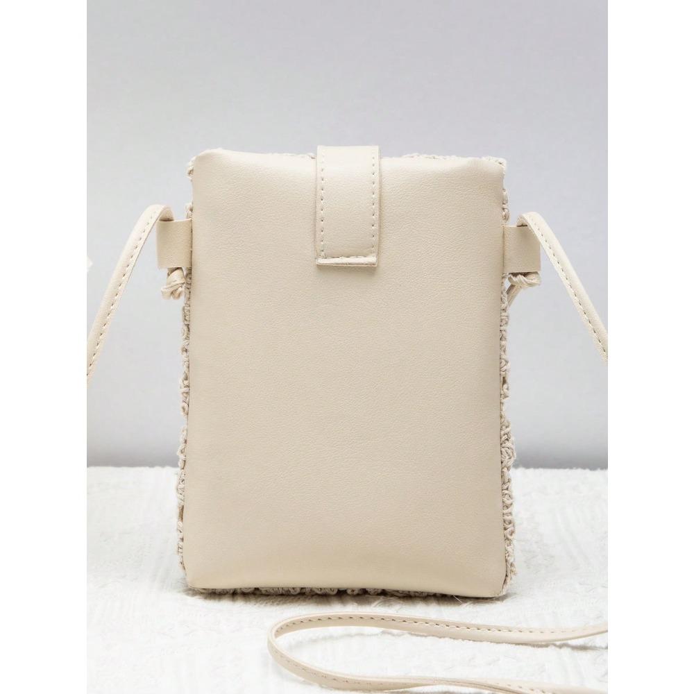 Borsa di Paglia alla Moda Versione Coreana Borsa a Spalla all'Uncinetto Lavorazione a Maglia Vuota Borsa Floreale da Spiaggia Casual Retro per Telefono Cellulare