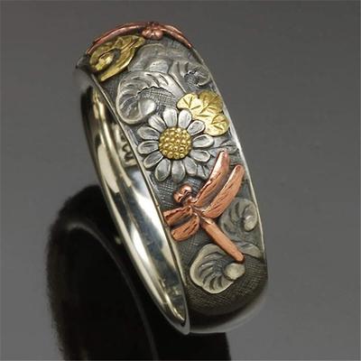 Women's Vintage Dragonfly Sunflower Ring Unique Engagement Wedding Rings Band Anniversary Gift Jewelry Size 5-11 MIT