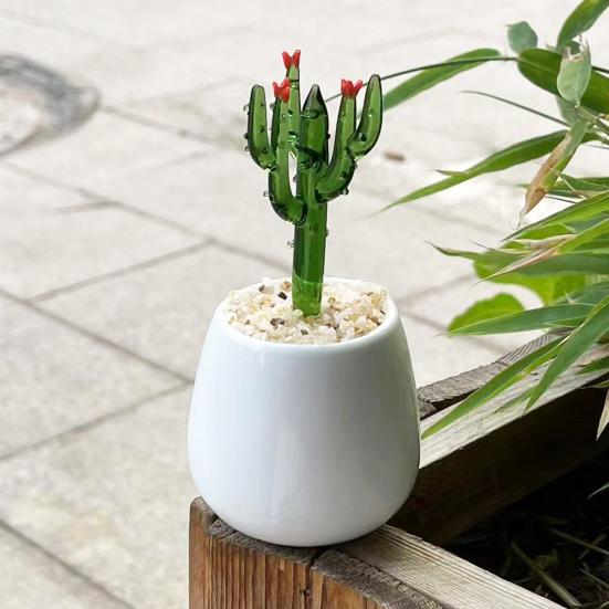 Handmade Glass Potted Plants Ornament Hand-Blown Glass Cactus Bean Sprout Floral Art Figurine Home Office Desktop Decoration