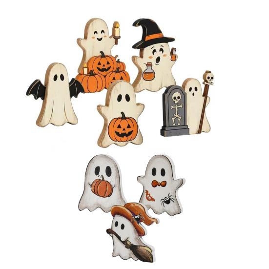 Halloween Ghost Wooden Table Decor Cute Sign, Pumpkin Tombstone Plaque Lightweight Party Supplies for Tiered Tray Decor, Spooky Festive Home Ornament
