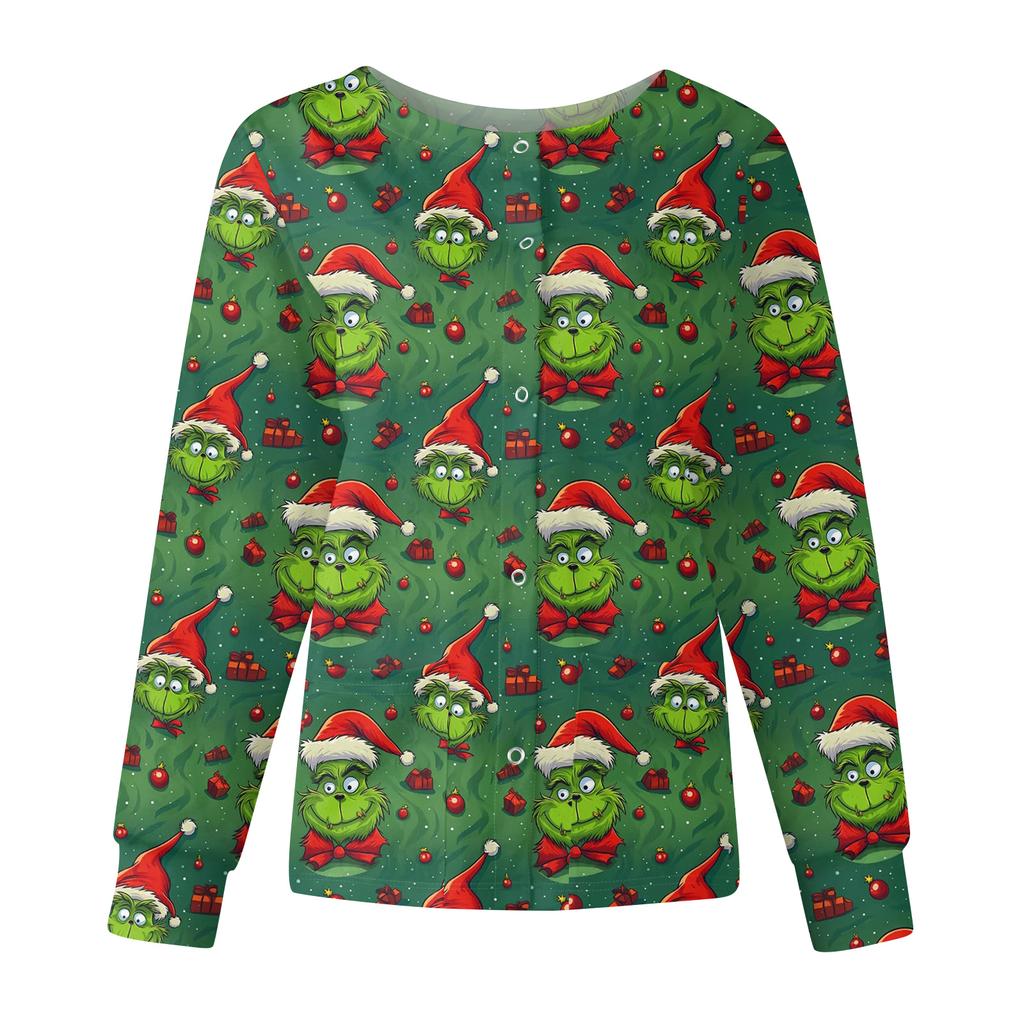 Women's Casual Fashion Long Sleeve Standing Collar Single Breasted Christmas Print Workwear Jacket Tops