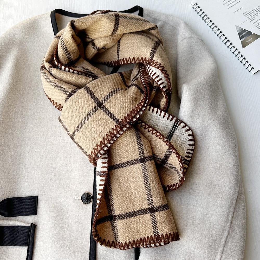 Double sided Scarf for Women in Autumn and Winter Korean Style Checkered Imitation Cashmere Neck Scarf with Edge Thickened and High End Shawl Trend