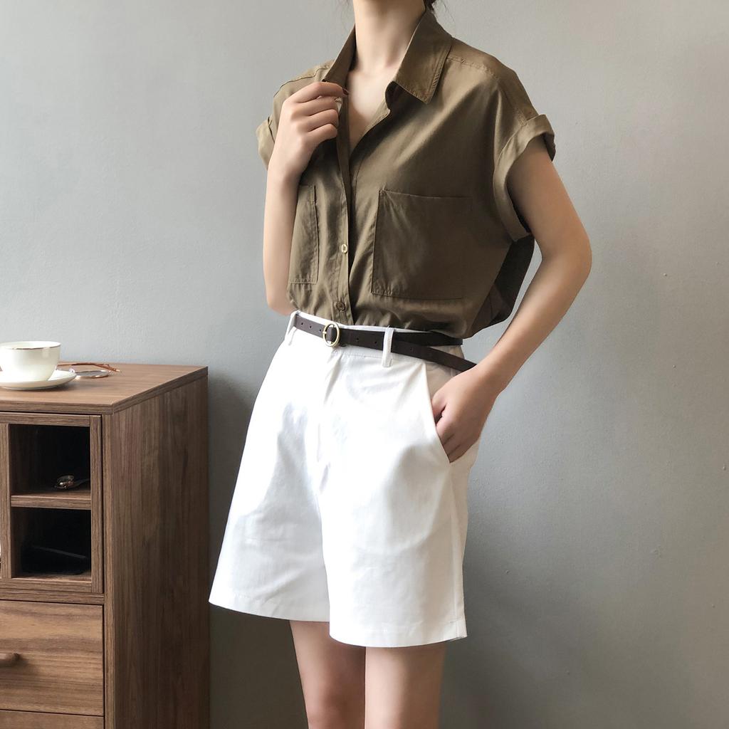 Women's White Shirt Summer Short Sleeved Design Sleeveless French Shirt Top