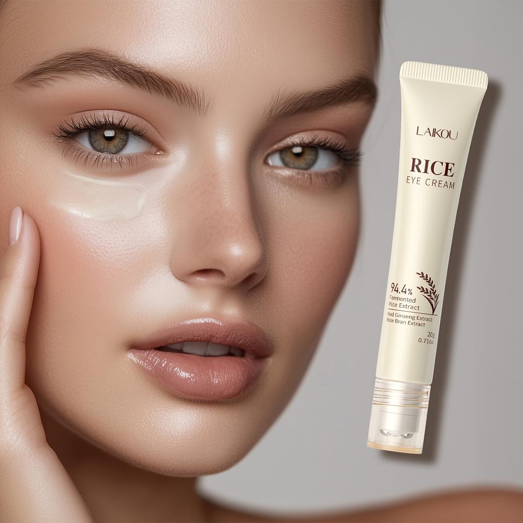 Cremă de ochi cu orez LAIKOU, Aplicator cu bilă, Esență de orez fermentat, cu Niacinamidă și Acid Hialuronic, Portabilă pentru călătorii, Utilizare zilnică și de somn