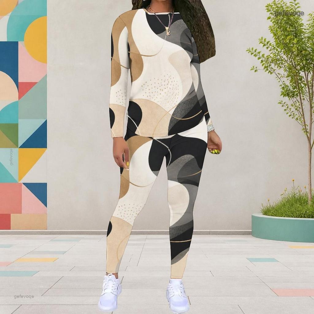 Women Plus Size Round Neck Long Sleeve Printed Top And Fitted Pants Two Piece Set