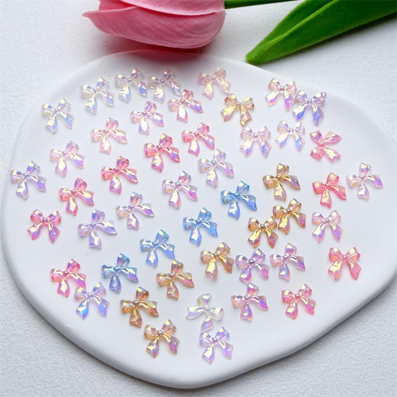 50Pcs/Bag 3D Bowknot Nail Art Decoration Colorful Aurora Super Fairy Bow Nail Art Charms Girl Diy  Manicure Accessories