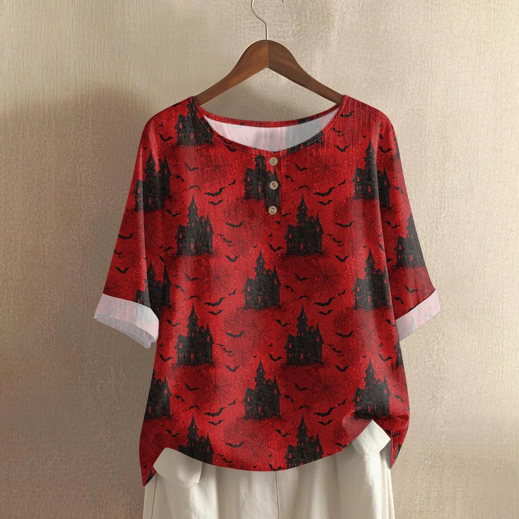 Damska codzienna bluzka z bawełny i lnu z nadrukiem Halloween z okrągłym dekoltem i rękawem 3/4