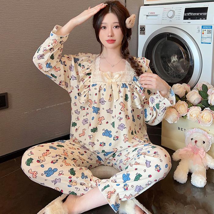 Plus Size Pajama Mujer Cherry Print Sleepwear Kit Long Sleeve TopPants Ruffle Homewear Skin-Friendly Breathable