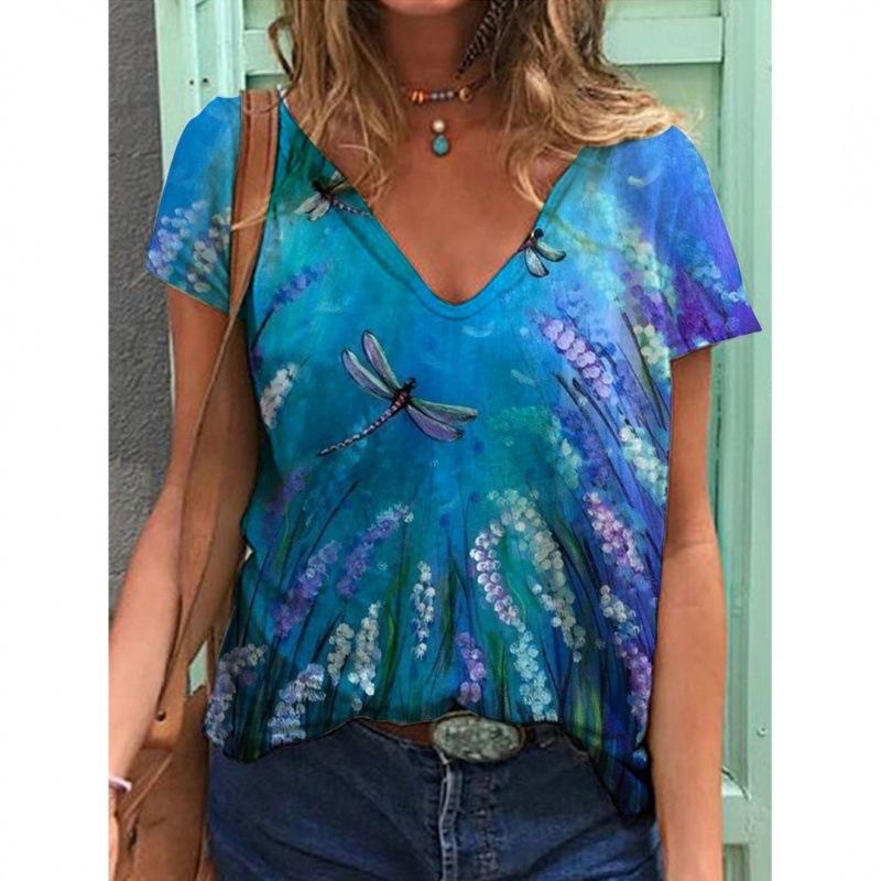 V-neck T Shirts Street 3D Printed Tees Short Sleeved Floral Bird Loose T-shirt for Women