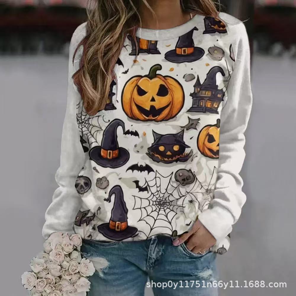 New Halloween Ladies Sweater 3D Digital Printing Pumpkin Bat Dark Pattern Crew Neck Long Sleeve Top