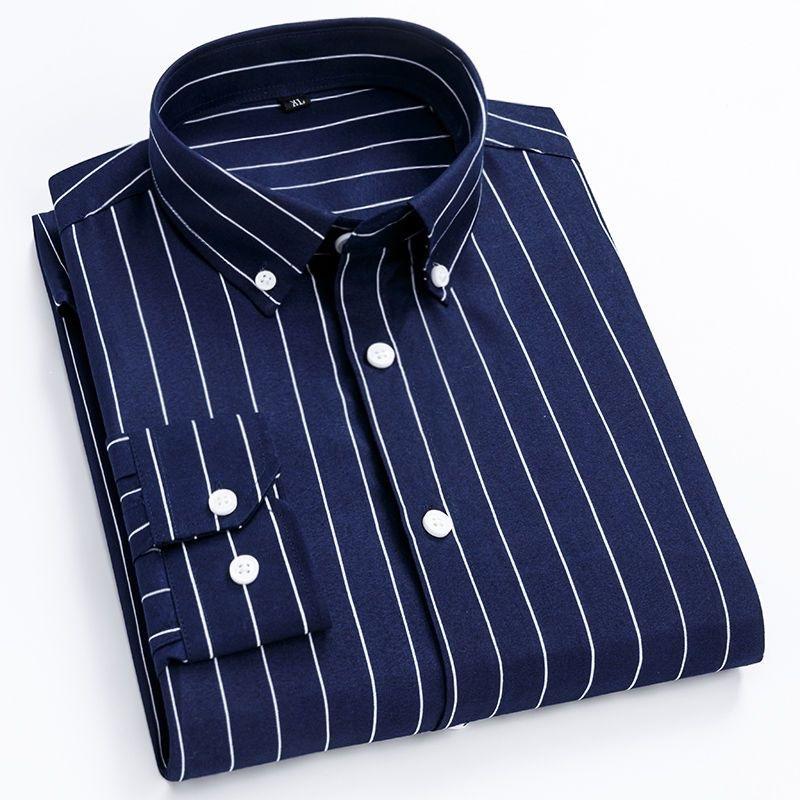 Mens Dress Shirts Striped Long Sleeve Plaid Checked Shirt Smart Casual Business Non-Ironing Korean Slim Fit Formal Blue White