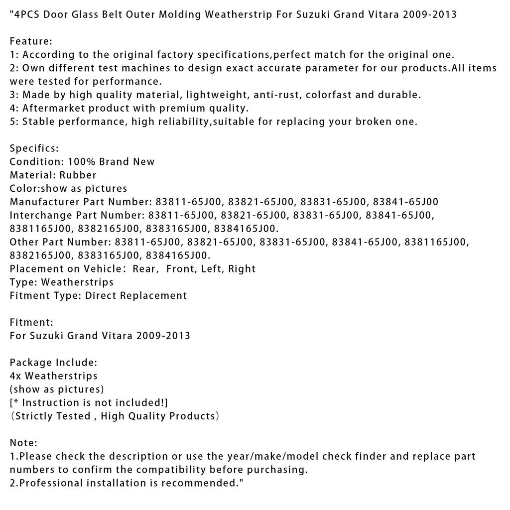 4 buc. Garnitură exterioară etanșare geam ușă pentru Suzuki Grand Vitara 09-13