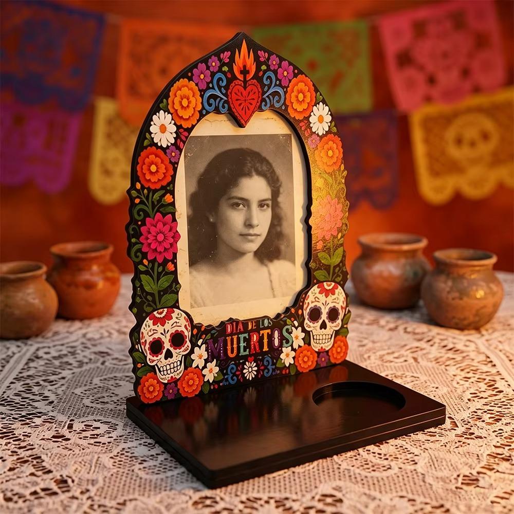 Wooden Halloween Photo Frame Skull Marigold Pattern Desktop Photo Display Rack Haunted House