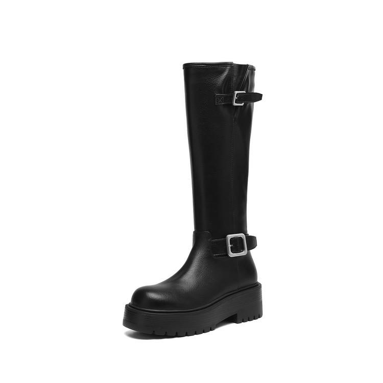 European and American Leather Round Head Thick-soled Knight Boots Foreign Trade New Belt Buckle Muffin Bottom Comfortable Versatile Thick Heel H