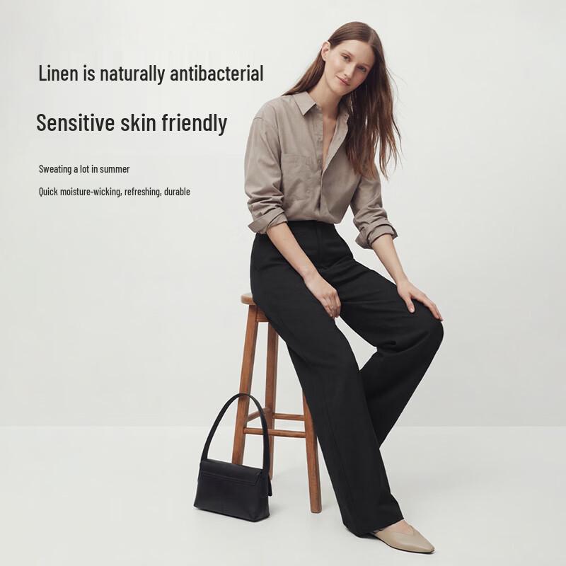 Women's Tencel Linen Blend Wide-Leg Straight Pants