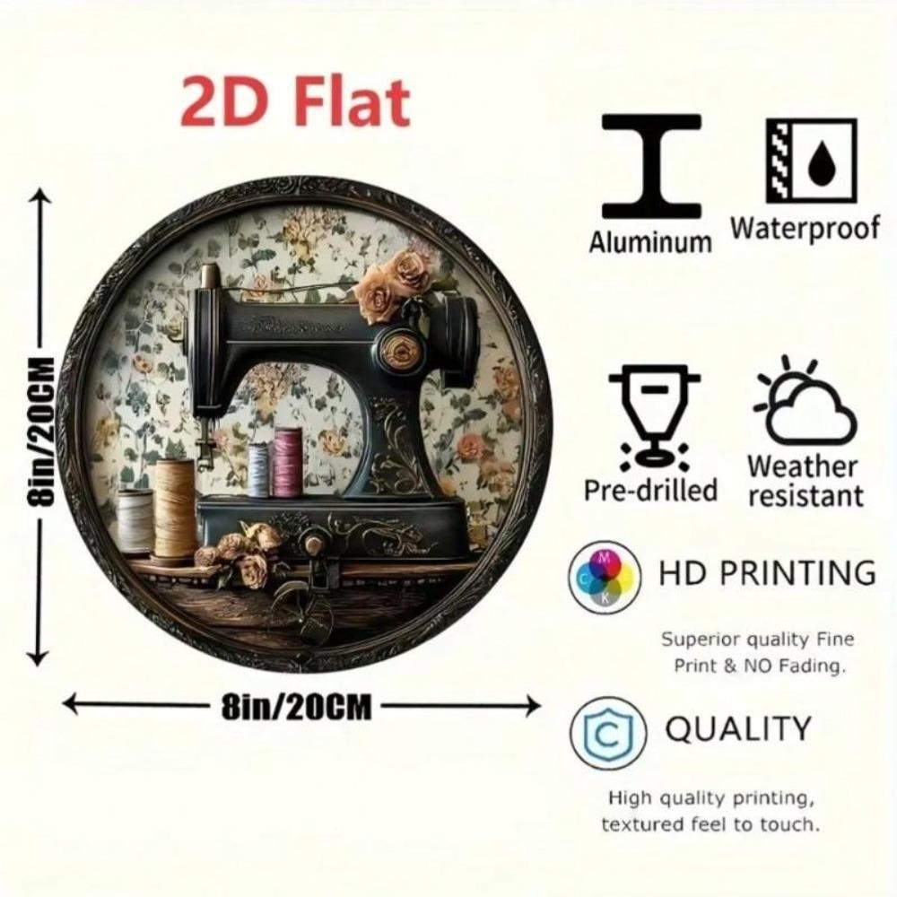 Vintage Sewing Machine Metal Wall Art Sign 8 Inch Round Home Decor Gift