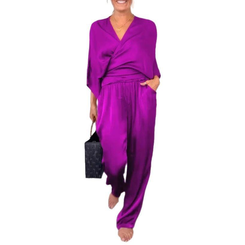Completo Primaverile Sottile in Raso Largo Moda Vita Elastica Dritto Abbigliamento da Ufficio Casual da Donna Top a Maniche Lunghe con Scollo a V e Set Pantaloni